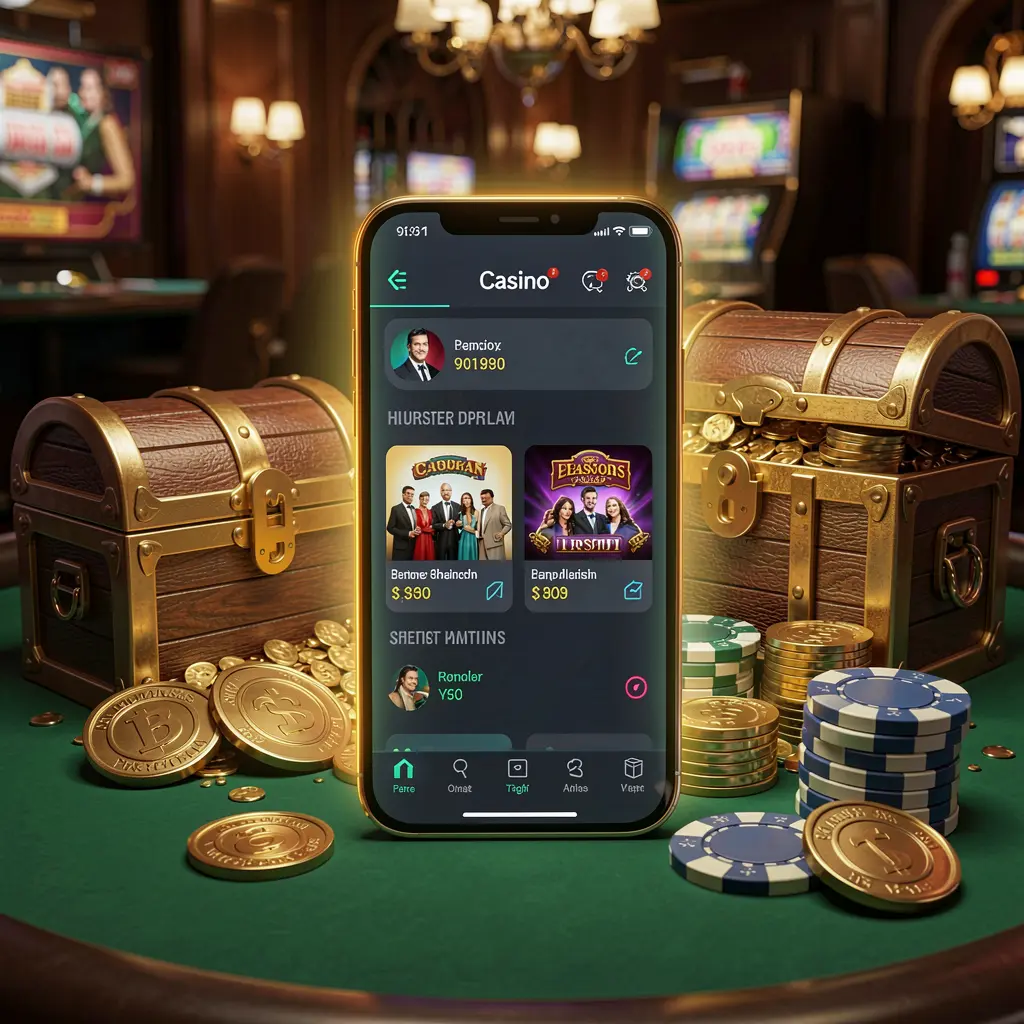Glowing smartphone displaying the F7777 Casino APK app with Android-style mobile layout, surrounded by a treasure chest, chips, and coins in a luxury 3D render