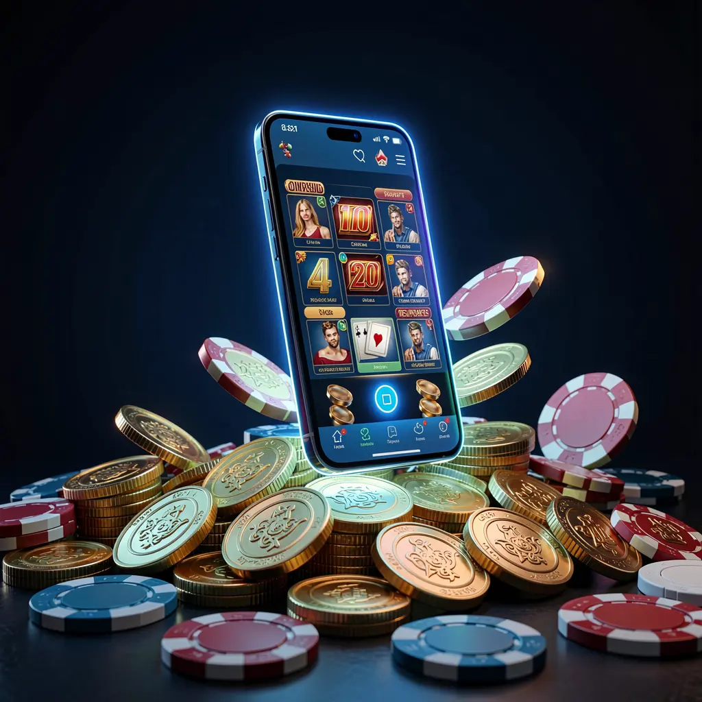 F7777 online casino app promotion banner showing a phone floating above golden coins and poker chips with a dark blue and black background and cinematic neon glow in a realistic 3D render