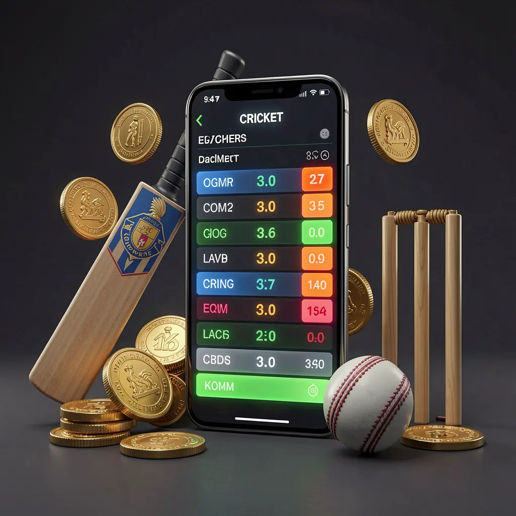 F7777 modern cricket betting visual featuring a smartphone with glowing cricket odds interface surrounded by a cricket bat, ball, wickets, and golden coins in a premium 3D illustration F7777 modern cricket betting visual featuring a smartphone with glowing cricket odds interface surrounded by a cricket bat, ball, wickets, and golden coins in a premium 3D illustration