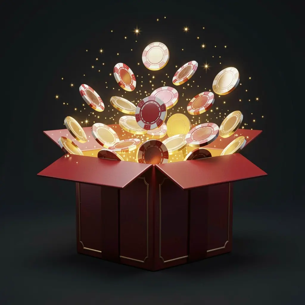 F7777 no deposit bonus visual showing free casino chips emerging from a glowing gift box with magical sparkles on a dark premium background in a realistic 3D render
