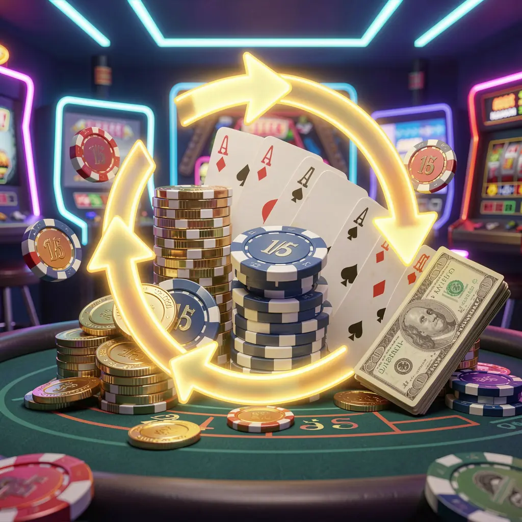 F7777 reload bonus casino visual featuring glowing circular arrows around coins, chips, and cash with a modern neon casino background in high detail 3D render