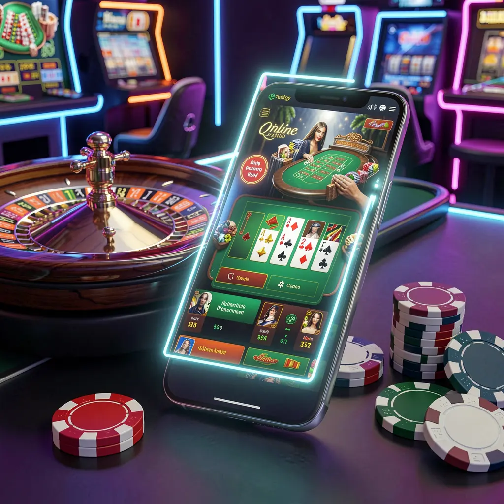 F7777 online casino platform concept with smartphone displaying glowing casino interface, surrounded by roulette wheel and poker chips on a premium neon background