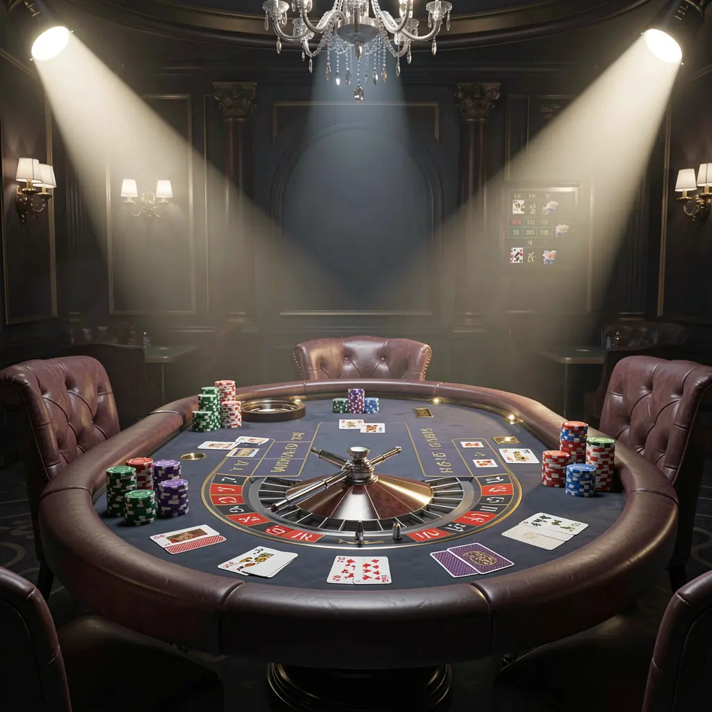 F7777 live casino scene featuring a roulette table, playing cards, and chips under glowing spotlights with a dark elegant background