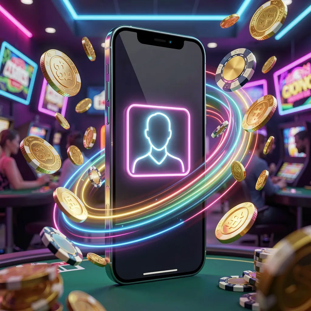 F7777 fast casino login banner featuring a smartphone with a bright user icon, speed light trails, and golden coins and chips flying around in a modern neon casino style