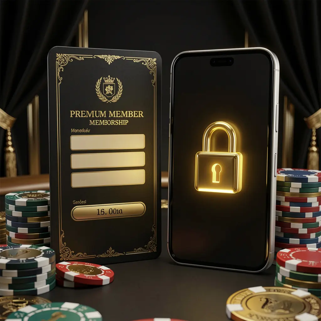 F7777 casino member login concept featuring a premium membership card beside a smartphone with a glowing lock symbol, poker chips and coins on a black and gold luxury background in a realistic 3D illustration